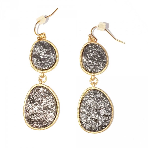 Silver Duo Geode Druzy Stone Drop Earrings